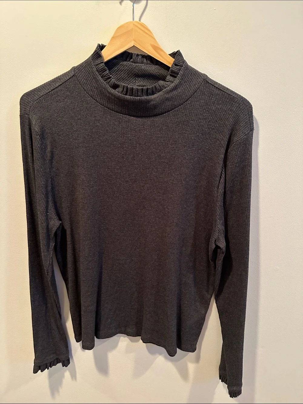 J. Crew Charcoal Ruffle Mock Neck Long Sleeve Top